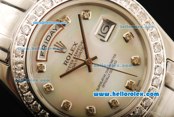Rolex Day-Date Automatic Movement ETA Coating Case with White MOP Dial and Diamond Markers/Bezel - Click Image to Close